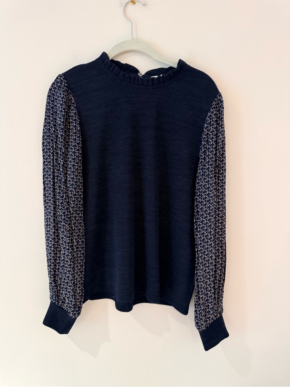 THML Women’s Navy Ruffle-Neck Mixed Sleeve Top. Size medium.